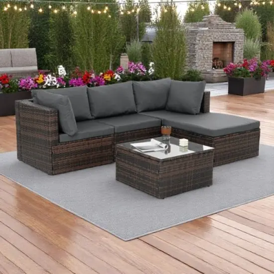 5-Piece Patio Furniture Set with PE Wicker Furniture set, Tempered Glass Table, Cushions with Zipper,Outdoor Furniture set image {3}