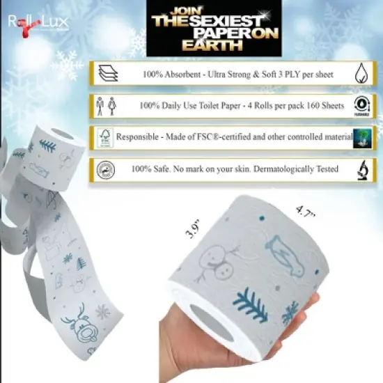 Roll-Lux Winter Edition Toilet Paper 3-Ply - 4, 8, or 16 Rolls per Pack, 160 Sheets per Roll, Soft Tissue with Festive Seasonal Designs image {2}