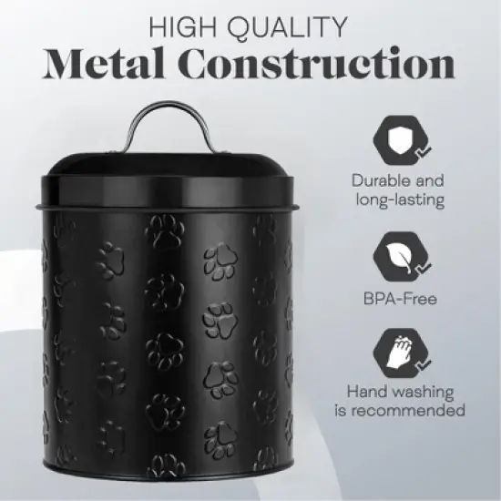 Amici Pet Puppy Paws Black Metal Canister with Embossed Paw Design - Large 140 oz Airtight Food Storage Jar for Wet or Dry Pet Foods - (8" H x 6" W) image {1}