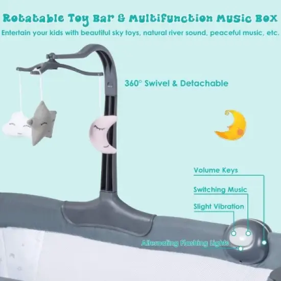 Safstar Baby Bedside Crib, Portable Foldable Bedside Bassinet w/Toy Arch, Music, Thick Mattress, Adjustable Height, Dark Gray image {2}