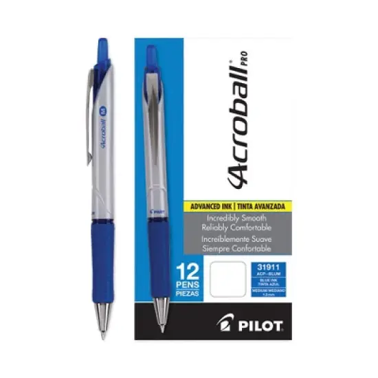Pilot Acroball Pro Advanced Ink Hybrid Gel Pen, Retractable, Medium 1 mm, Blue Ink, Silver/Blue Barrel, Dozen image {2}