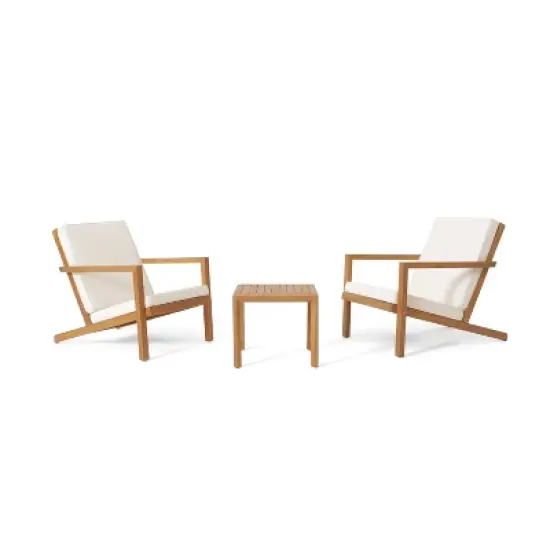 GDFStudio Ludwig Outdoor Acacia Wood 3 Piece Chat Set with Cushions image {12}
