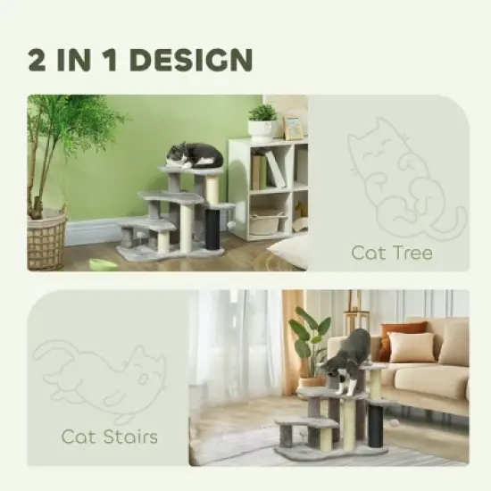 SKYONE 3/4 Step Adjustable Cat Stairs with Condo, Scratching Post & Toy Ball for Bed/Sofa - Gray, image {6}