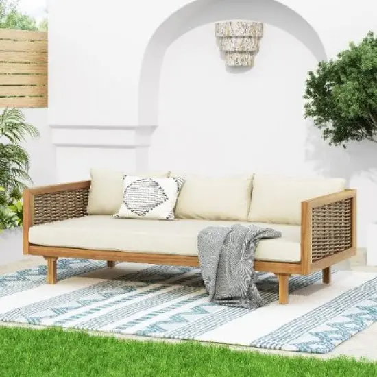 67.75" Patio Sofa, 3 Seater Outdoor Sofa with Rattan Arms, Acacia Wood Daybed with Water-Resistant Cushions -Christopher Knight Home image {7}
