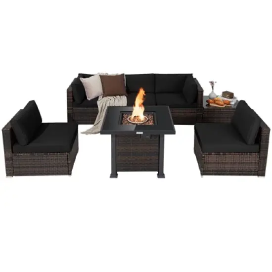 Tangkula Patio Rattan 7PCS Cushioned Chair Set Furniture Set Thick Cushion w/ 50,000 BTU Propane Fire Pit Table for Garden Black/Navy/Red/Turquoise/Off White image {8}