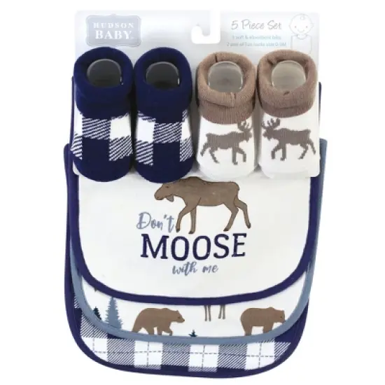 Hudson Baby Infant Boy Cotton Bib and Sock Set, Moose Bear, One Size image {1}