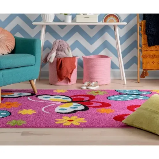 Well Woven Modern Daisy Butterflies Bright Kids Room Carpet Soft Durable Pink Area Rug image {7}