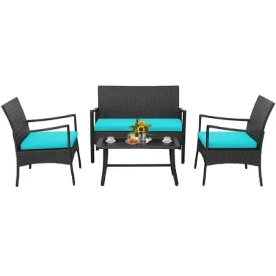 Costway 4PCS Patio Wicker Furniture Set Cushioned Chairs& Loveseat with Coffee Table Garden image {1}