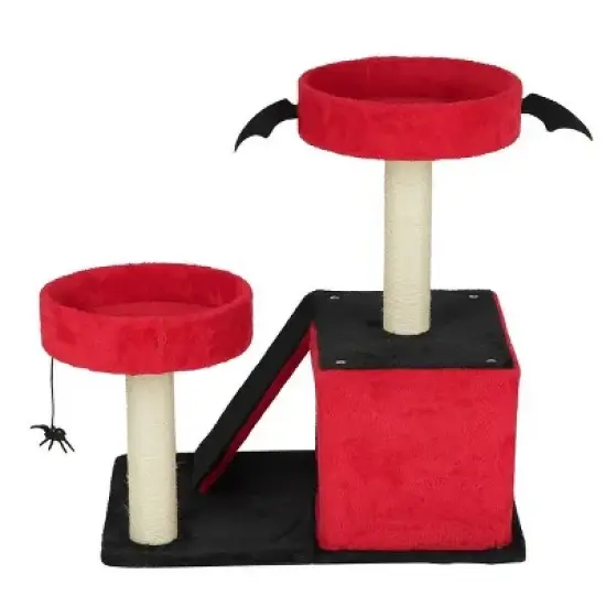 Halloween Gothic Cat Tree with Bat Wings, Spider Toy, Sisal Scratching Posts, Dual Perches & Condo &uml;C Dark Red and Black Cat Tower image {2}