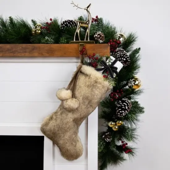 Northlight Faux Fur Christmas Stocking with Pom Poms - 20.5" - Beige and Brown image {1}