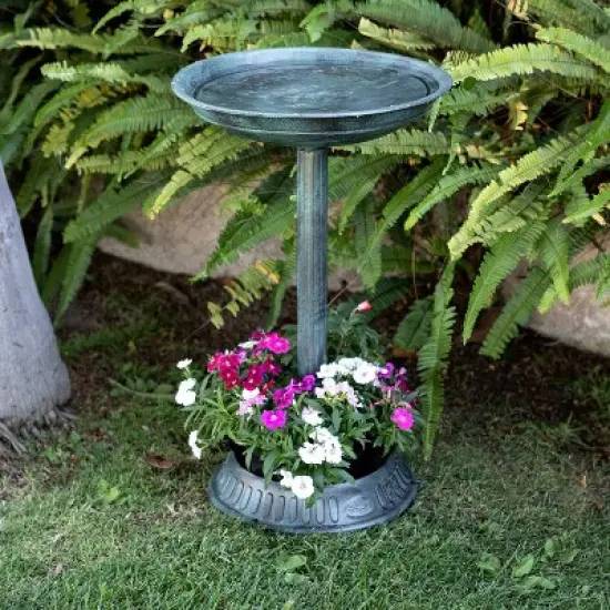 25" Outdoor Polyresin Birdbath with Planter Yard Statue Green - Alpine Corporation image {1}
