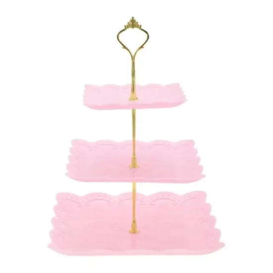Unique Bargains 3 Tier Dessert Cupcake Stand Square with Tiered Serving Tray for Donuts Fruits Pink Gold Tone image {6}