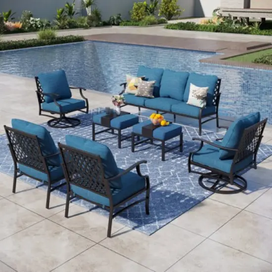 Captiva Designs 7pc Metal Patio Outdoor Conversation Set with Swivel Grid-back Chairs, Ottomans for Garden, Poolside, Backyard image {12}