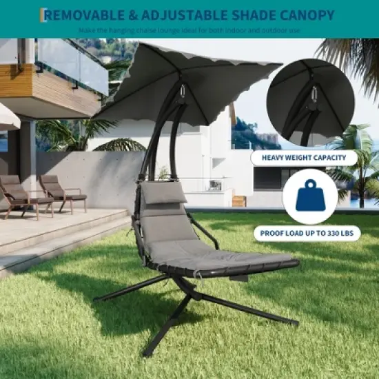 Chaise Lounger Swing Chair with Umbrella Canopy, Patio Hanging Chaise Lounger Chair with Stand, Curved Steel Outdoor Lounge Chairs for Indoor, Outdoor image {5}