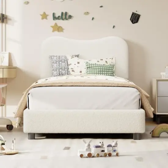 Pink Queen Kids Bed Frame with Upholstered Headboard, Low Profile Sturdy Platform Bed with Soft Boucle Fabric for Girls and Boys,No Box Spring Needed image {2}