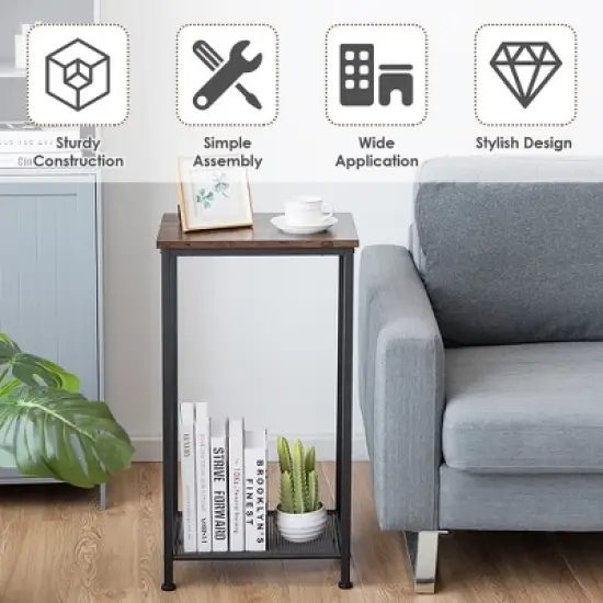 Costway 2-Tier Industrial Side End Accent Telephone Table w/Mesh Shelf Rustic Brown image {7}