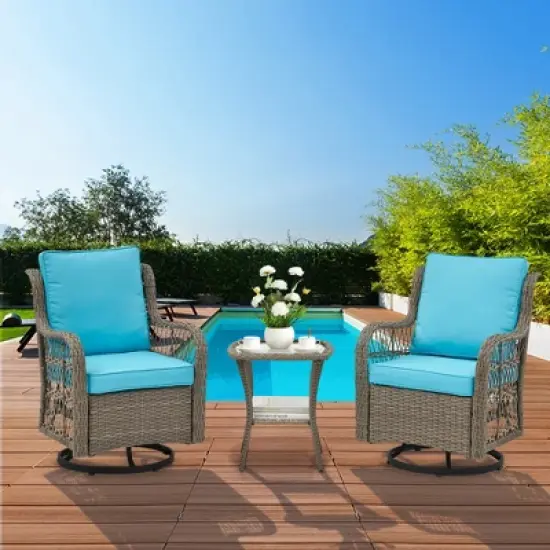 3 Pieces Patio Furniture Set,Outdoor Swivel Rocker Patio Chairs, Wicker Patio Bistro Set with Rocking Chair, Thickened Cushions and Coffee Table image {11}