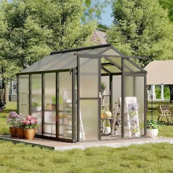 6x8x6.5 FT Greenhouses for Outdoors, Aluminum Green House with Polycarbonate Roof, Sliding Door, Adjustable Vent for Garden, Backyard, Patio, Black image {1}