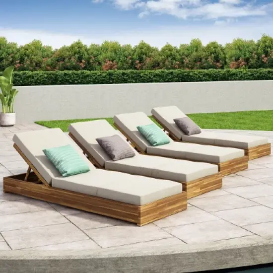 Christopher Knight Home Mira Outdoor Adjustable Acacia Wood Chaise Lounge with Cushion (Set of 4) image {8}