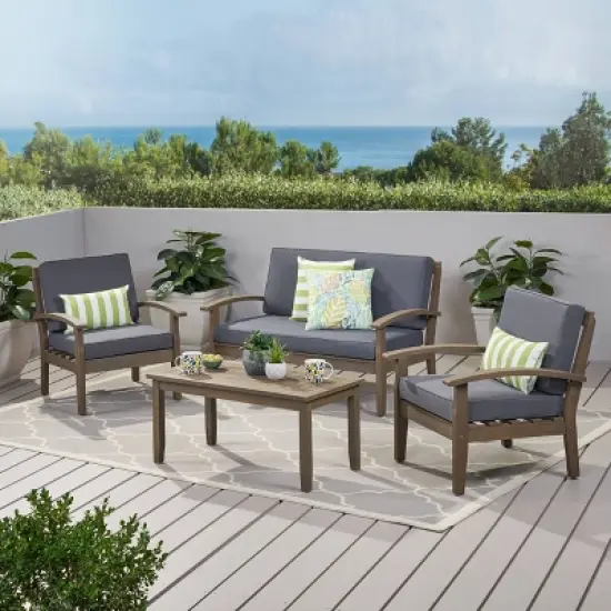 Peyton 4pc Acacia Wood Seating Set Gray/Dark Gray - Christopher Knight Home: Outdoor Conversation Furniture, Weather-Resistant Cushions image {7}
