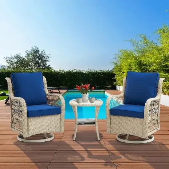 3 Pieces Outdoor Swivel Rocker Chair Set Swivel Glider Rocker Rocking Chair Set with Glass Top Table with Thick Cushions for Backyard, Balcony, Deck image {12}