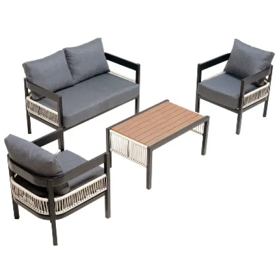 FIONECA Multi-Person Outdoor Iron Sofa Set with Table, Rattan Accent, Waterproof & Rust-Proof Patio Furniture for Garden & Lawn image {3}