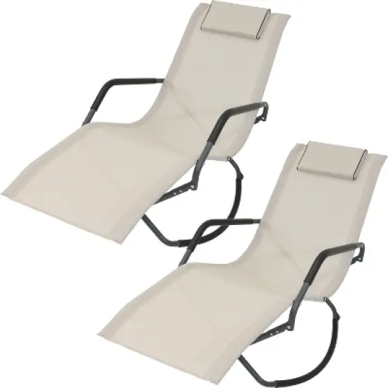 Sunnydaze Outdoor Folding Rocking Chaise Lounge Chair with Headrest Pillows - Beige - 2pk image {6}