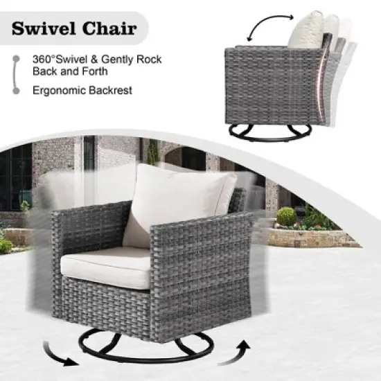 Ovios Venice 9pc Wicker Outdoor Patio Furniture Set Conversation Sofa with a Metal Fire Pit, Swivel Chairs and Cushions image {10}