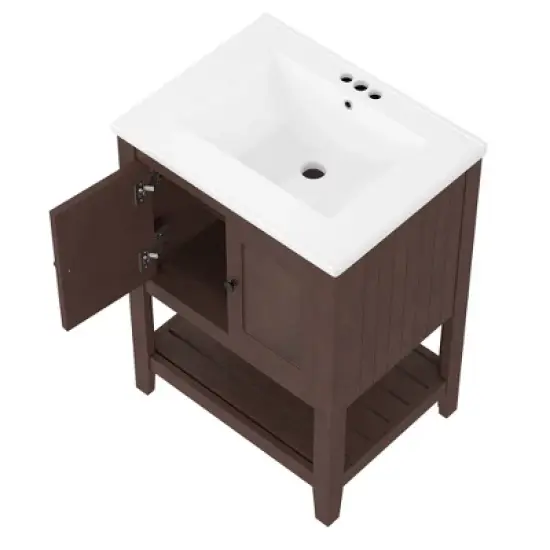 KIGFTSOD 24" White Modern Sleek Bathroom Vanity Elegant Ceramic Sink with Solid Wood Frame Open Style Shelf image {6}
