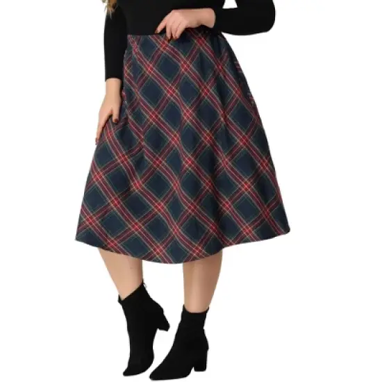 Agnes Orinda Women's Plus Size Velvet Plaid A-Line Elastic Waist Flare Skirts image {7}