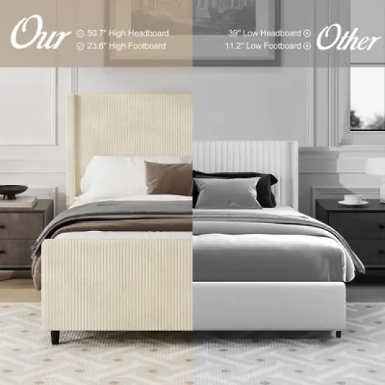 Queen/KIng Size Upholstered Platform Bed Frame with High Wingback Headboard&High Footboard, Corduroy, Cream/Taupe-ModernLuxe image {2}