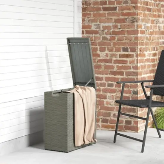 Outsunny 17-Gallon Small Deck Box, UV Resistant Wicker Outdoor Storage Box with Slatted Acacia Wood Top for Patio Cushions and Garden Tools, Gray image {5}