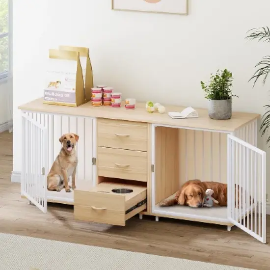 QuestaPack 74" Double Dog Crate Furniture with 2 Feeder Bowls image {7}