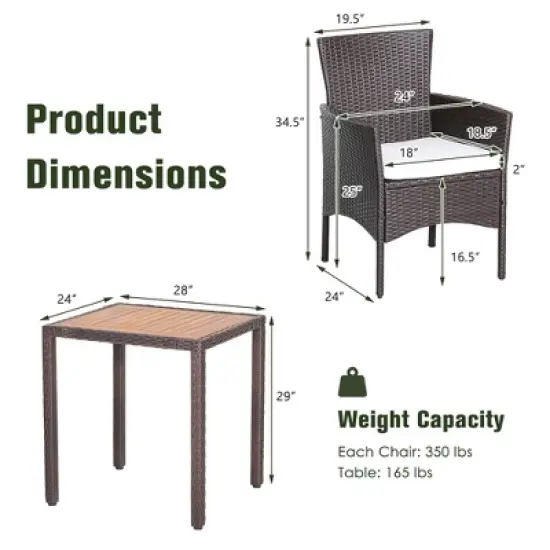 Costway 3PCS Patio Wicker Dining Set Acacia Wood Table Top with Cushioned Chairs Garden image {2}