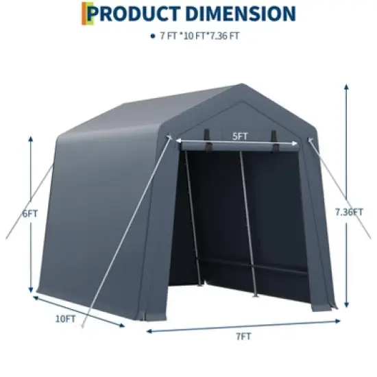 7x10FT Portable Outdoor Storage Shed with 2 Roll-Up Zipper Doors & Vents,Waterproof PE Tarp,UV-Resistant Carport for Motorcycle,Firewood,Tools-Gray image {3}