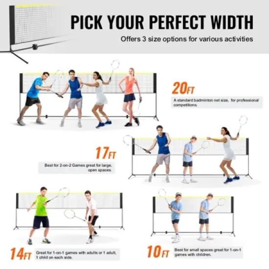 VEVOR Badminton Net, Height Adjustable Volleyball Net, 20ft Wide Foldable Pickleball Net, Portable Tennis Net Set with Poles, Stand, Bag, Rackets image {3}