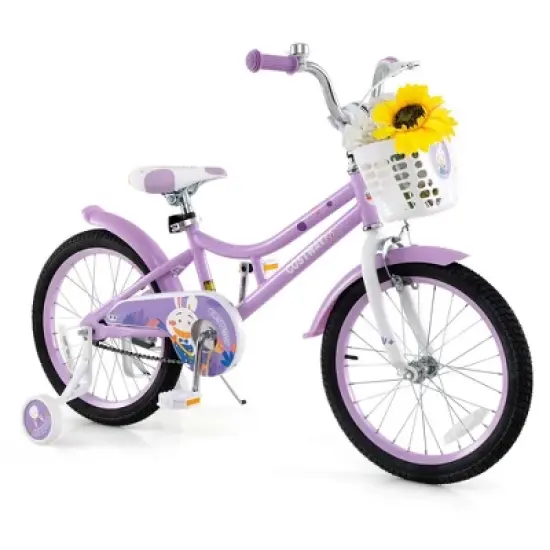 Costway Girl Bike with Basket Detachable Training Wheels Adjustable Seat Handbrake Coaster Brake Purple image {10}