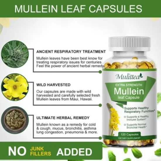 Mulittea Mullein Leaf Capsules Herbal Supplement Supports Respiratory Function Health,120 Count image {1}