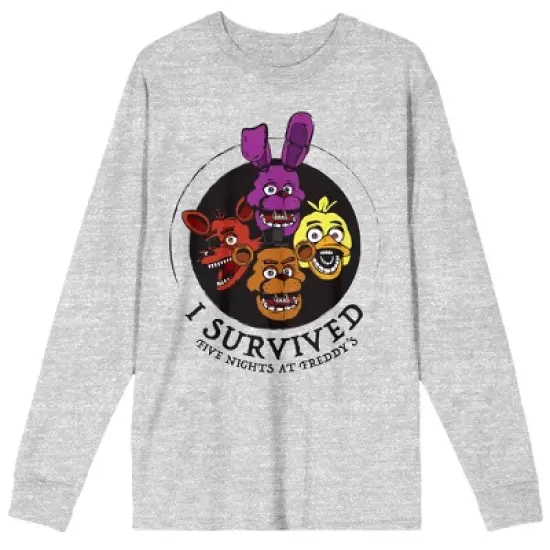 Five Nights at Freddy's "I Survived" with Four Characters Men's Heather Gray Long Sleeve Crew Neck Tee image {4}