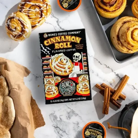 Bones Coffee Company Cinnamon Roll 12 ct Single-Serve Bones Cups Coffee Pods Compatible with Keurig Coffee Maker image {2}
