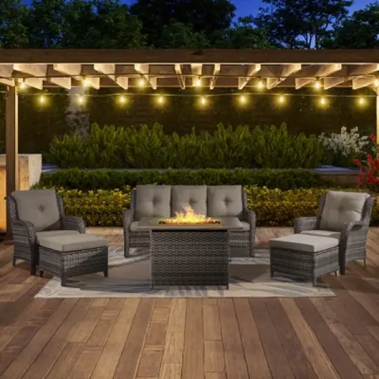 POCASSY 6-Piece Outdoor Furniture Set with 50000BTU Propane Fire Pit, All Weather Wicker Patio Fire Pit Table Set with 3-Seater Sofa and Club Chair image {16}