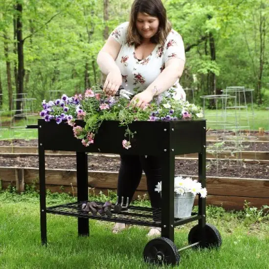 Sunnydaze Outdoor Galvanized Steel Raised Mobile Elevated Planter Cart with Handlebar and Wheels - 43" image {6}