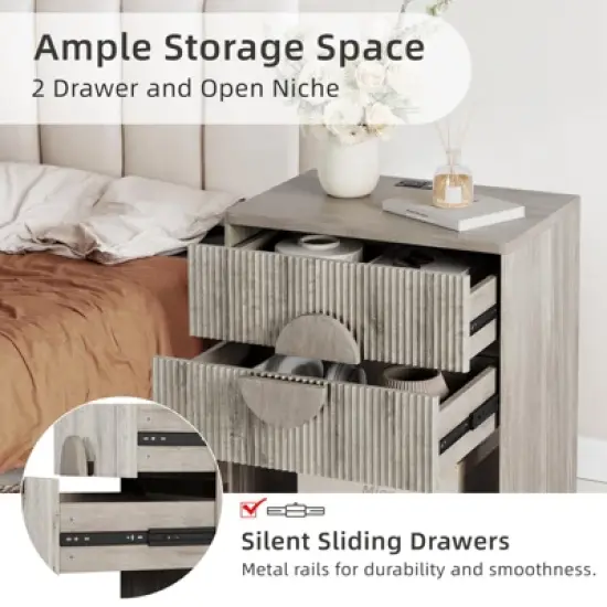 Whizmax Fluted Nightstand with Charging Station - 2 Drawers + Open Shelf, Modern Wood Bedside Table for Bedroom & Living Room Storage image {5}