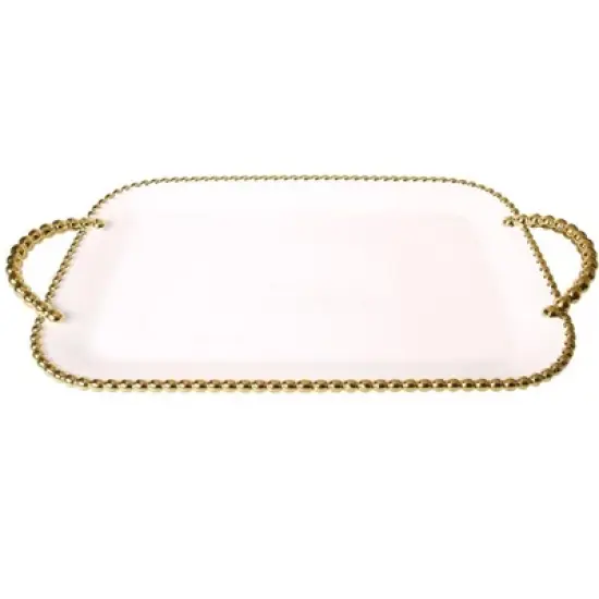 Classic Touch Porcelain White Tray with Gold Beaded Borders and Handles, 19"L image {3}