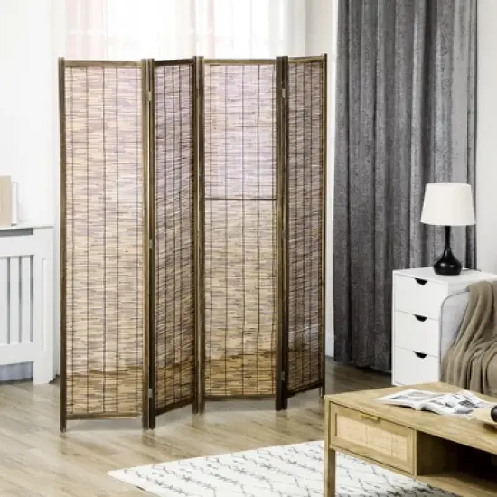 HOMCOM 5.5' Tall Room Divider with Wood & Hand Woven Reed, 4 Panel Folding Privacy Screens, Portable Partition Wall Divider image {2}