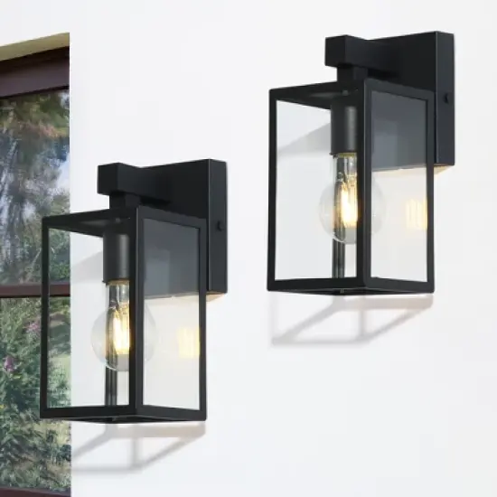 LNC Orlan 1-Light 9.3"H Modern Square Outdoor Wall Lights, Black with Clear Glass,2 Pack image {15}