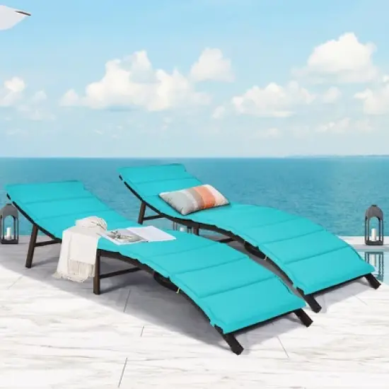 Costway 2PCS Patio Rattan Folding Lounge Chair Chaise Double Sided Cushion Turquoise image {10}