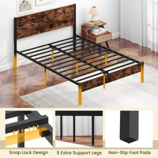 Costway Twin/Full/Queen/King Bed Frame with Tall Industrial Headboard Heavy-Duty Metal Slats Support Brown image {6}