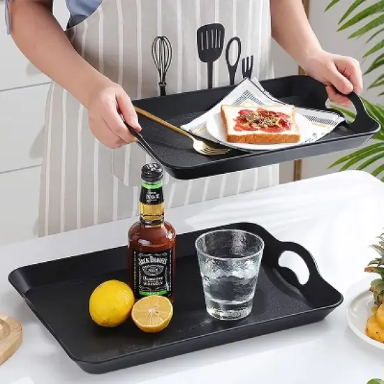 ATTOP 3 Pack Black Serving Trays with Handles,16 x 11IN Rectangular Non Skid Multi-Purpose Plastic OttomanTray for Restaurant, Parties,Table, Kitchen image {5}