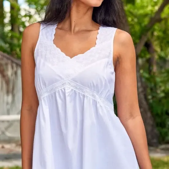 Women's Cotton Victorian Nightgown, Priscilla Sleeveless Lace Trimmed Deep V-neck Long Vintage Night Dress Gown image {4}